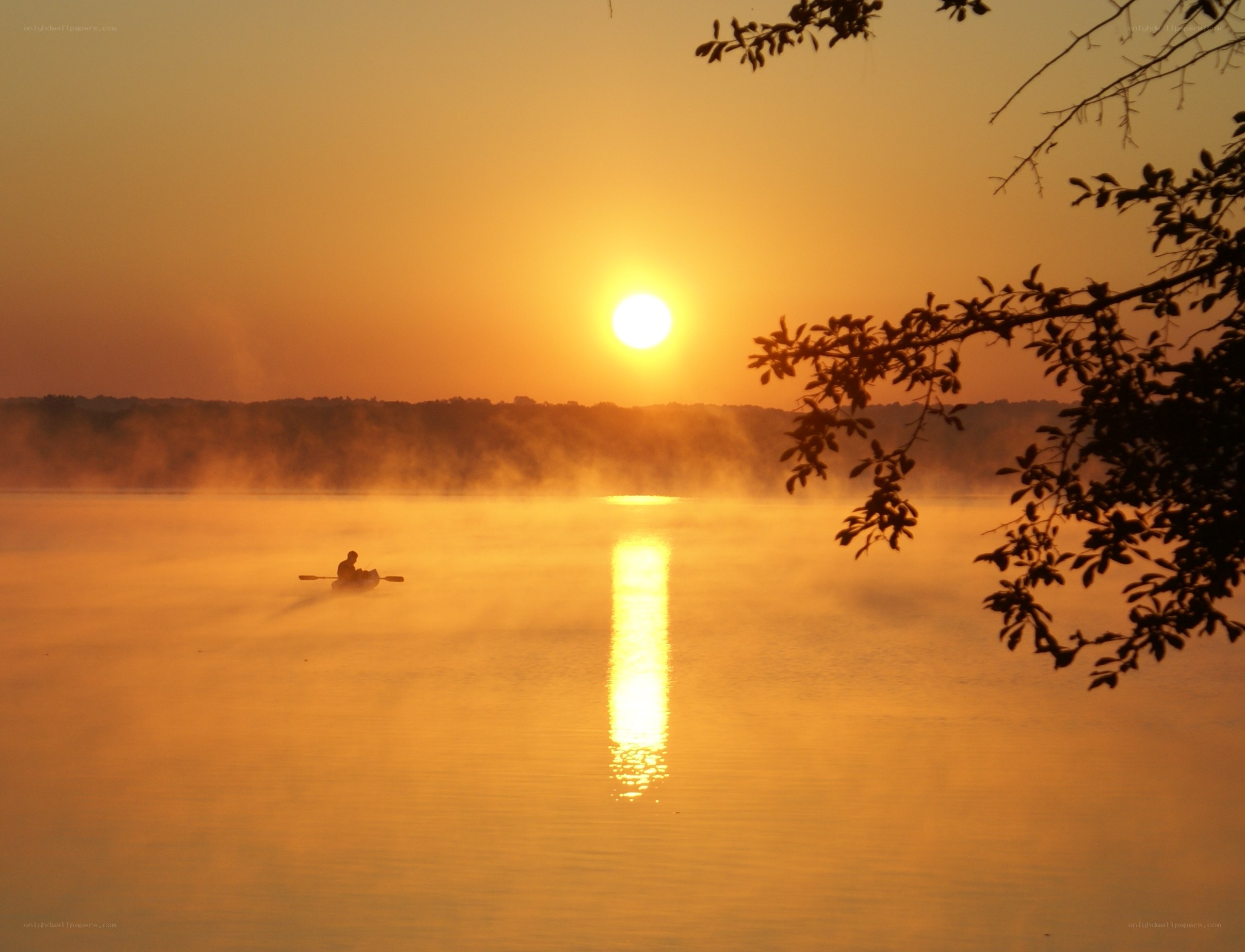 Sunset kayaking on misty lake
