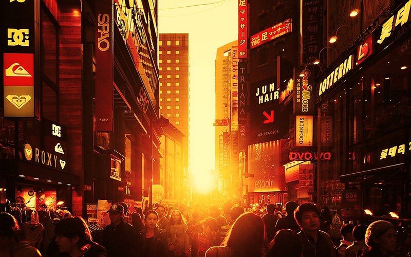 Sunset on a busy city street
