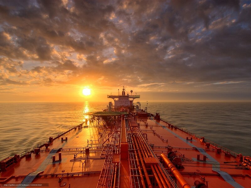 Sunset on a cargo ship deck