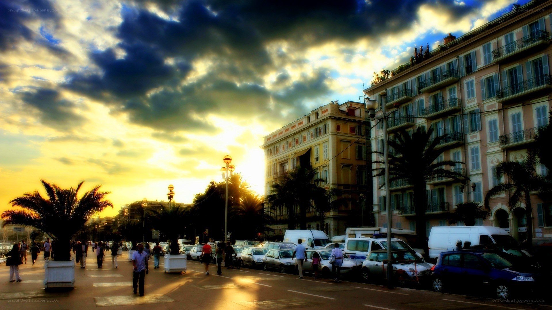 Sunset on a city promenade