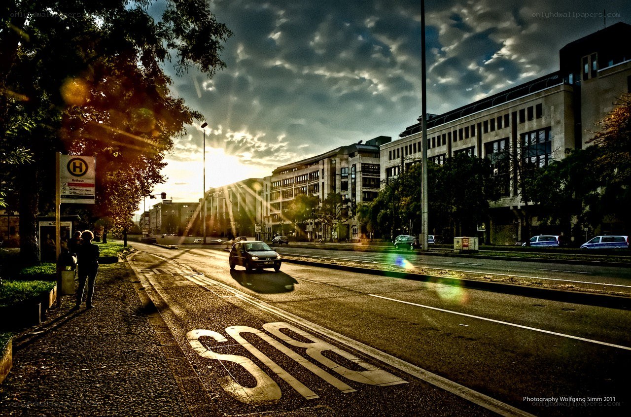 Sunset on a city street