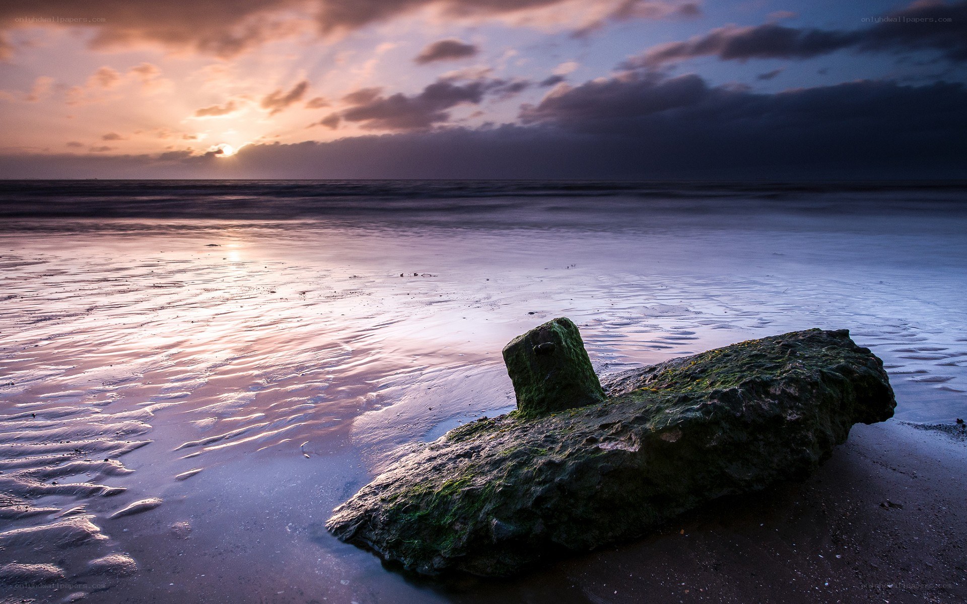 Sunset on a mossy rock beach