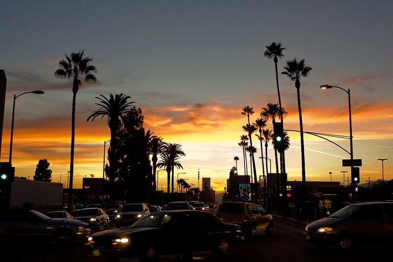 sunset on a palm-lined street