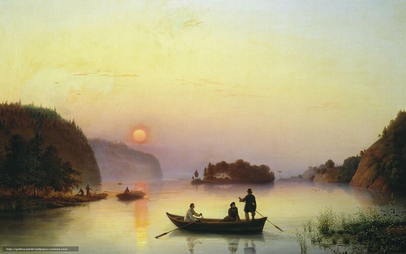 Sunset on a River with Boats