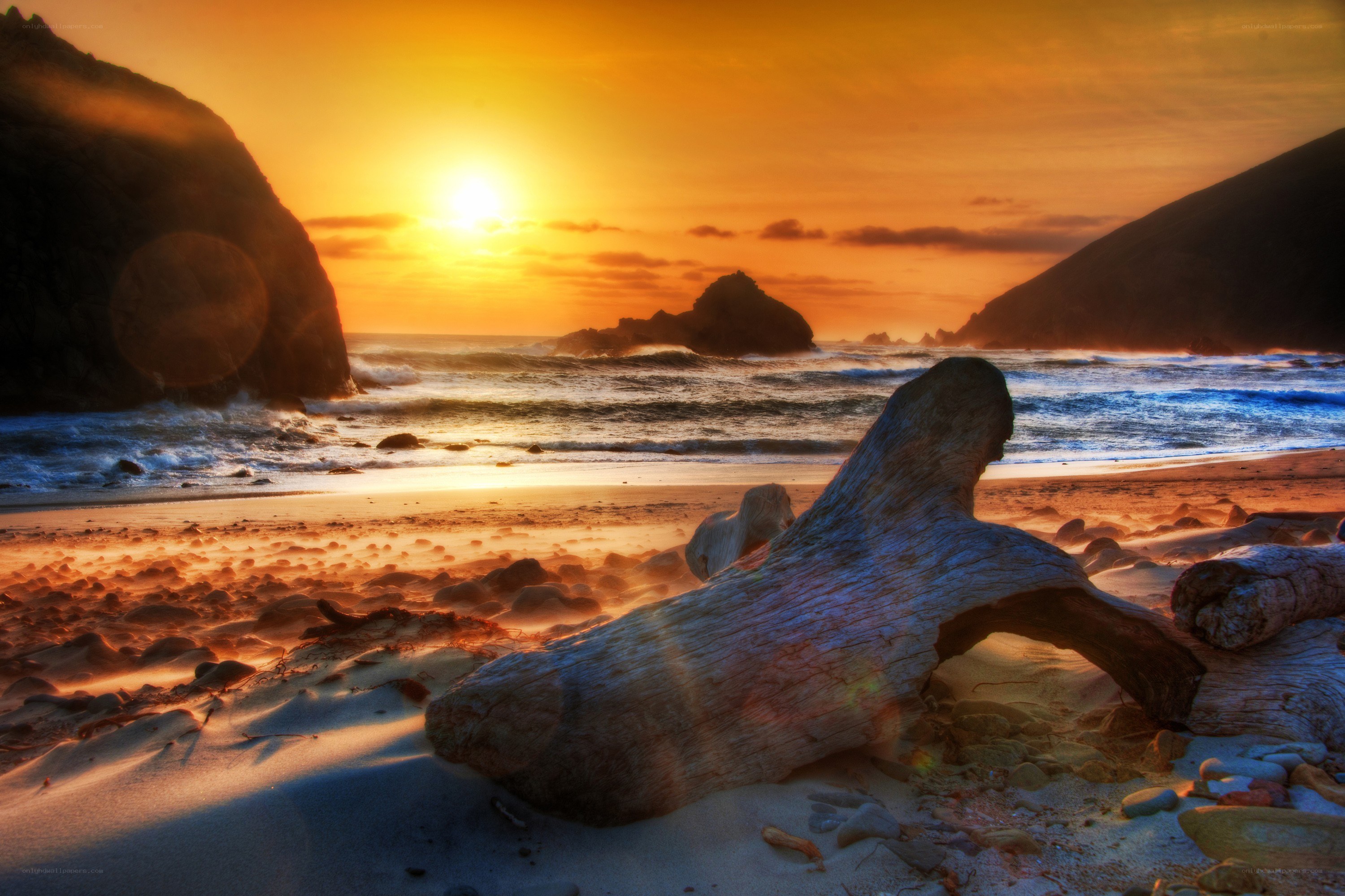 Sunset on a rocky beach