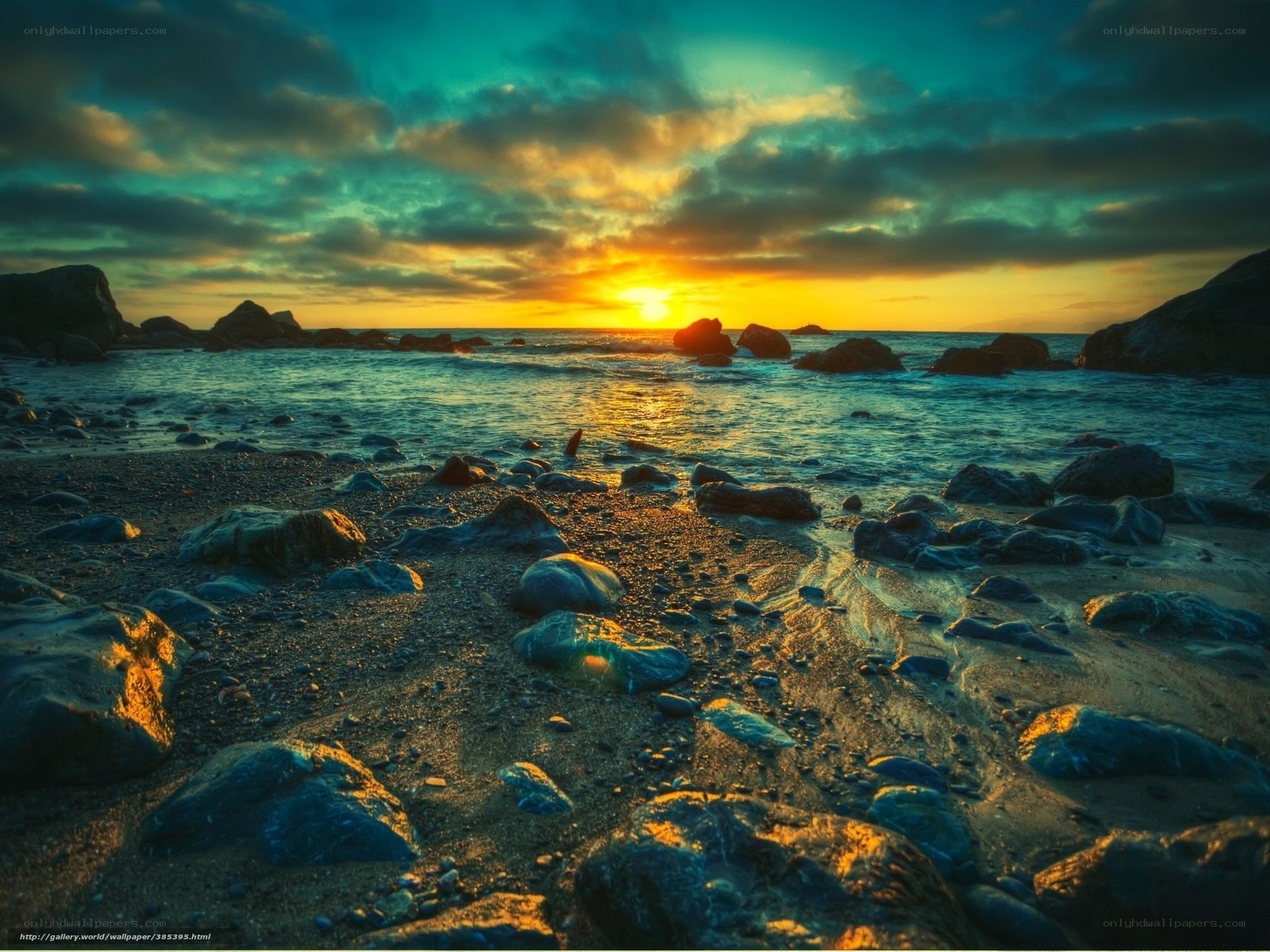Sunset on a rocky beach