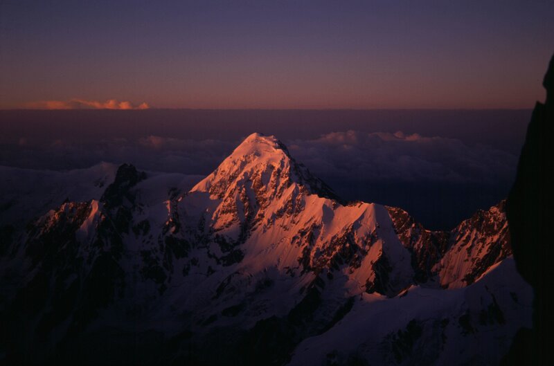 Sunset on a snow-capped mountain