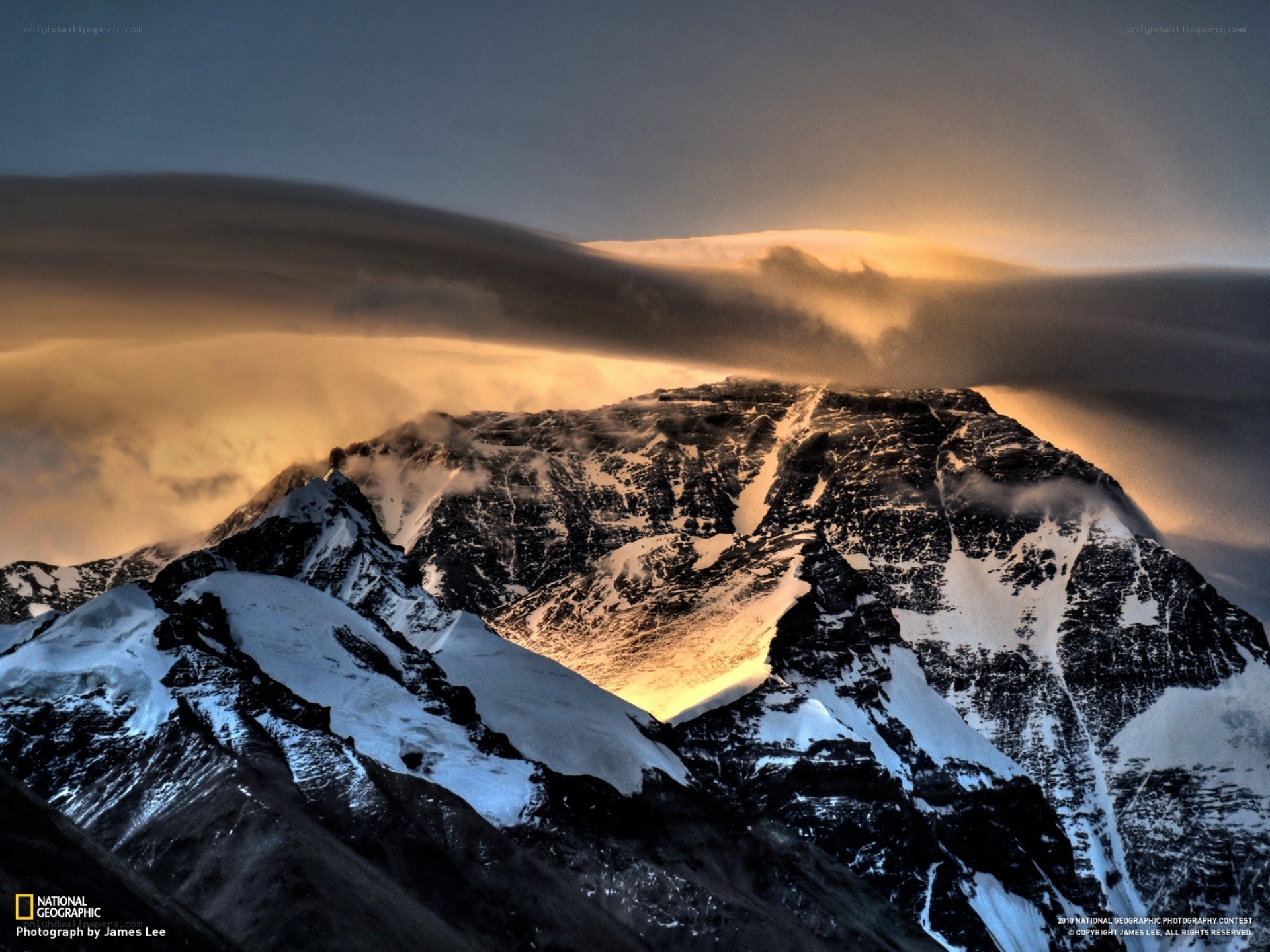 Sunset on a snow-capped mountain