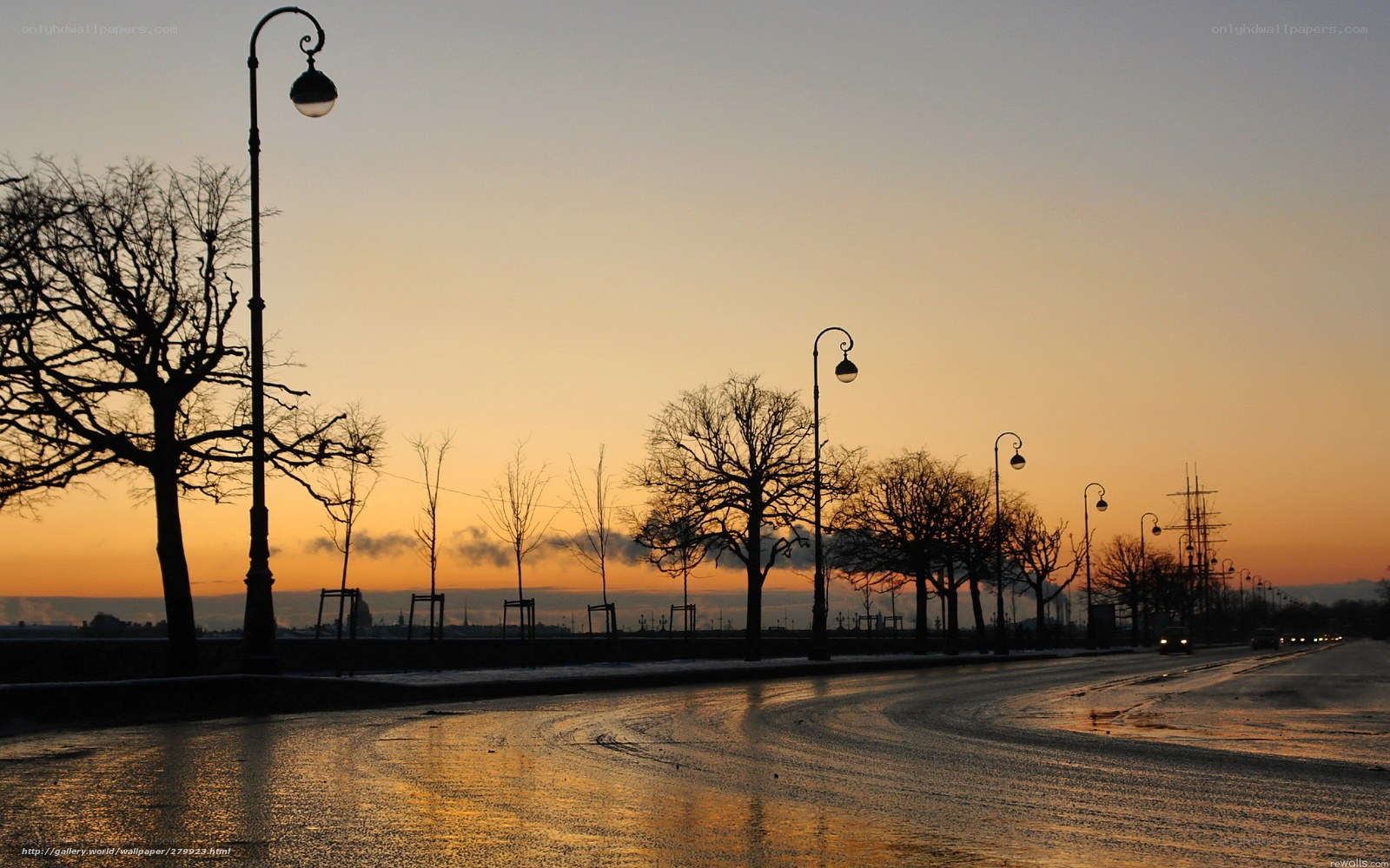 Sunset on a wet city street