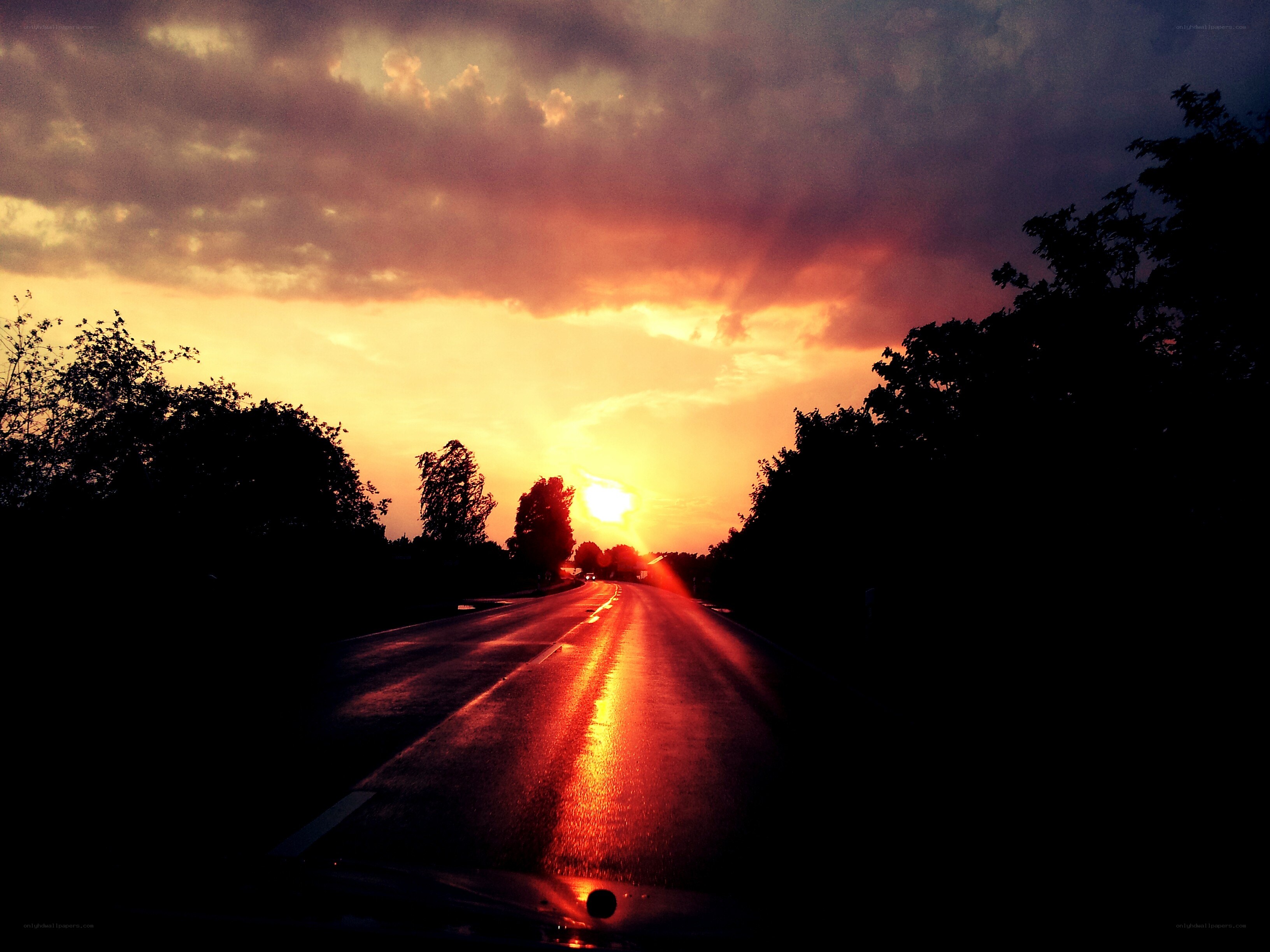 Sunset on a wet road