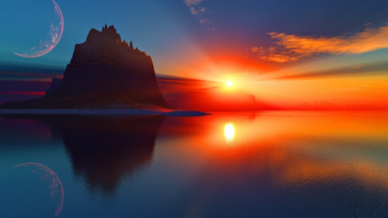 sunset on alien planet