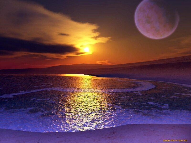 sunset on alien planet