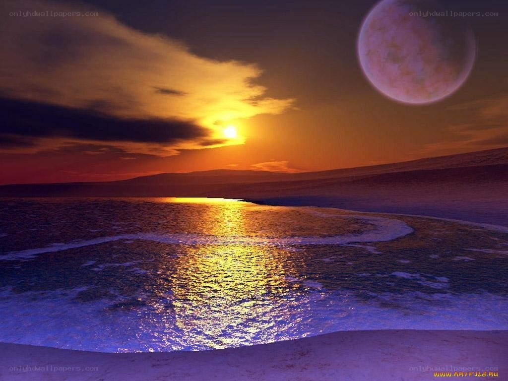 sunset on alien planet