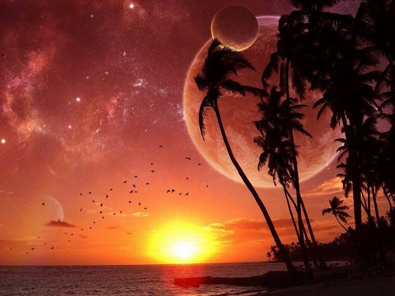 sunset on alien planet