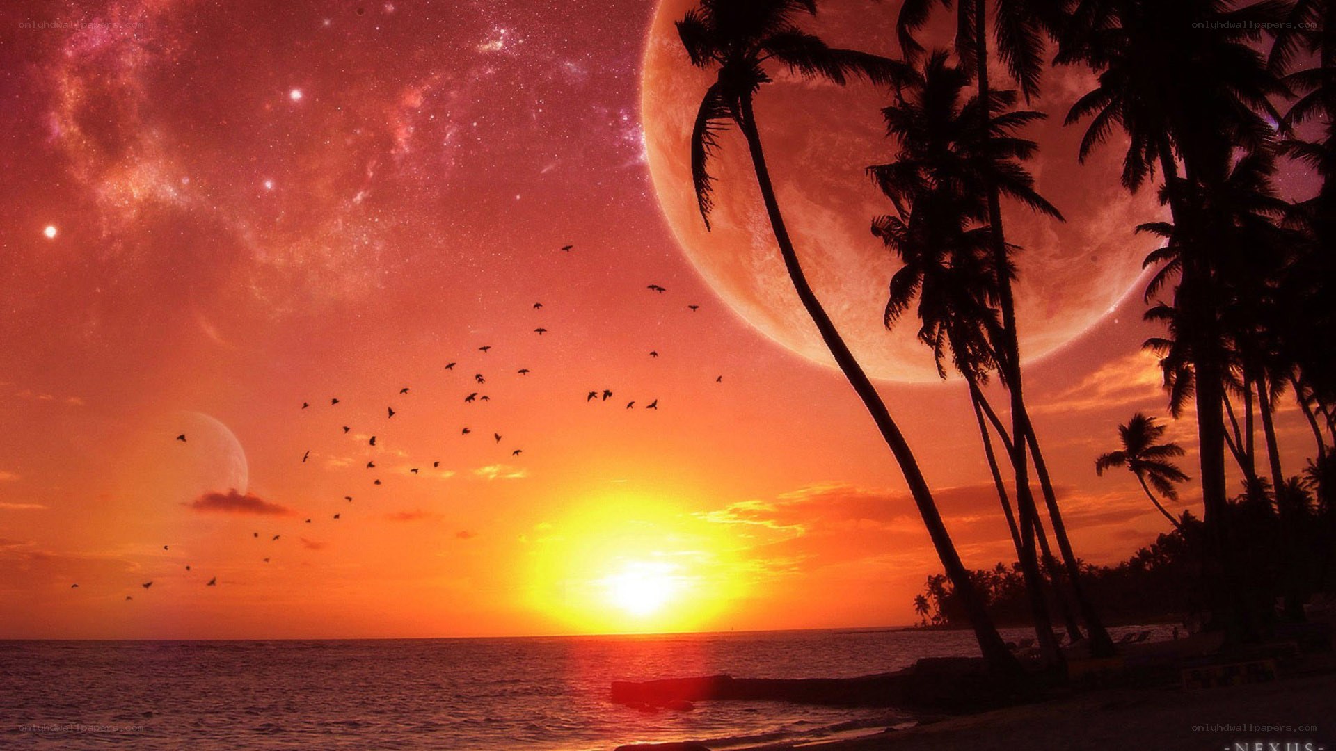 sunset on alien planet