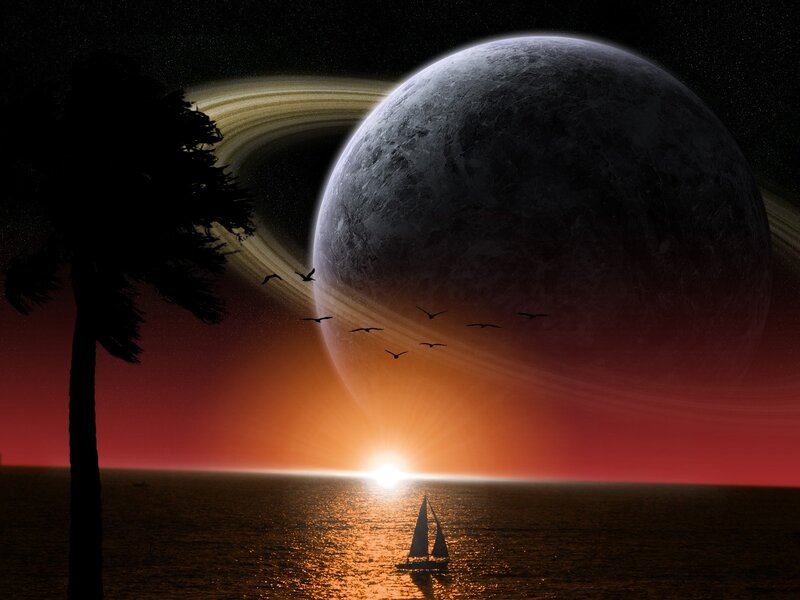 sunset on alien planet
