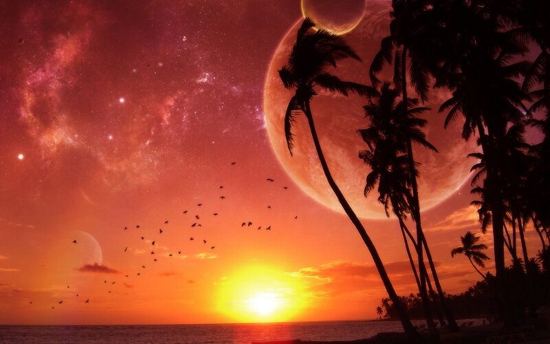 sunset on alien planet