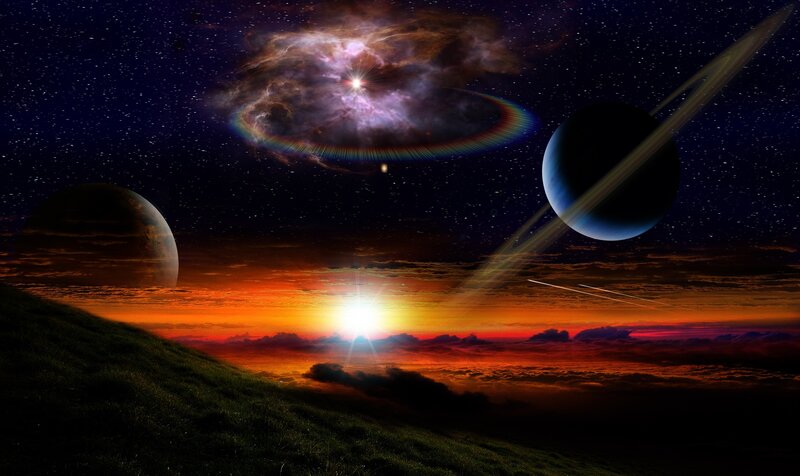 Sunset on Alien Planet — Orange, Dramatic, Digital Art, Planets