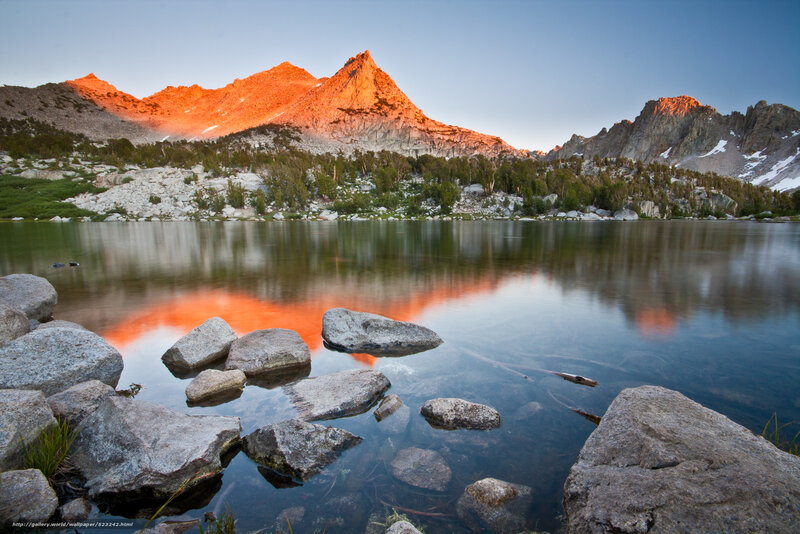 Sunset on mountain lake