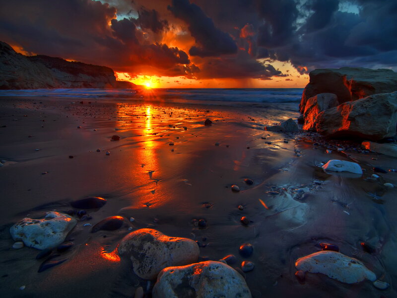 Sunset on Rocky Beach — Orange, Dramatic, Photograph, Ocean, Rocks