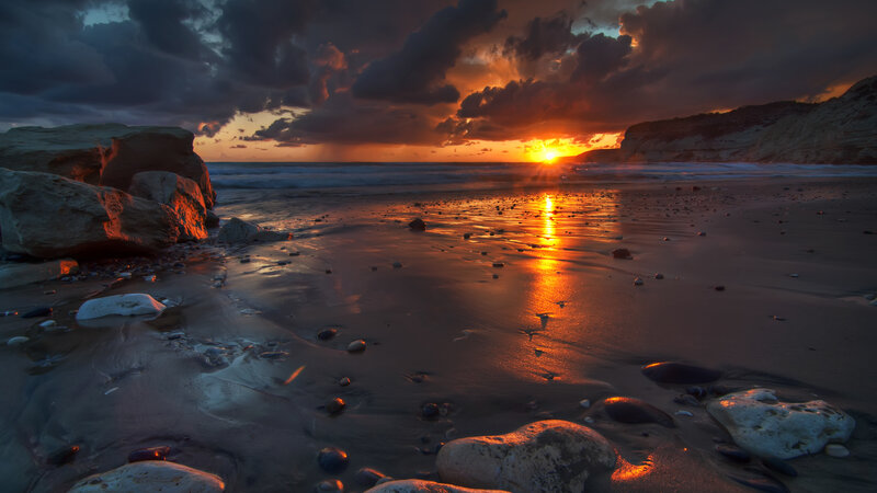 Sunset on Rocky Beach — Orange, Dramatic, Photograph, Ocean