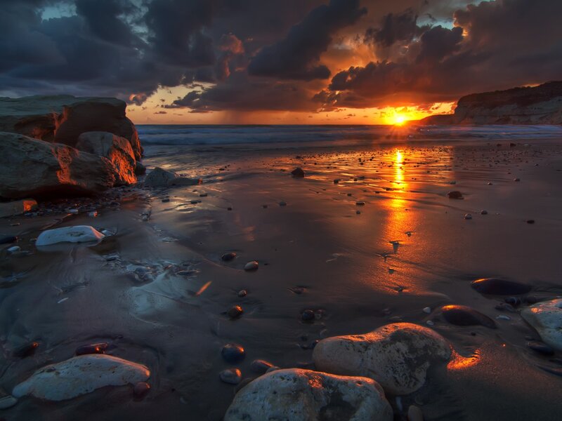 Sunset on Rocky Beach — Orange, Dramatic, Photograph, Rocks, Ocean, Clouds, Brown