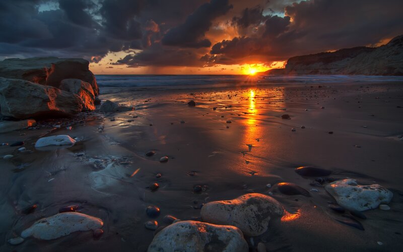 Sunset on Rocky Beach — Orange, Dramatic, Photograph, Rocks, Ocean