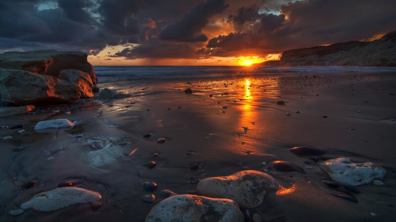 Sunset on Rocky Beach — Orange, Dramatic, Photograph, Rocks