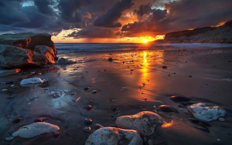 Sunset on Rocky Beach — Orange, Dramatic