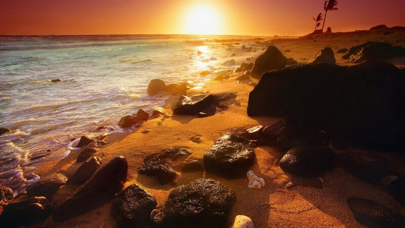 Sunset on Rocky Beach — Orange, Serene, Photograph