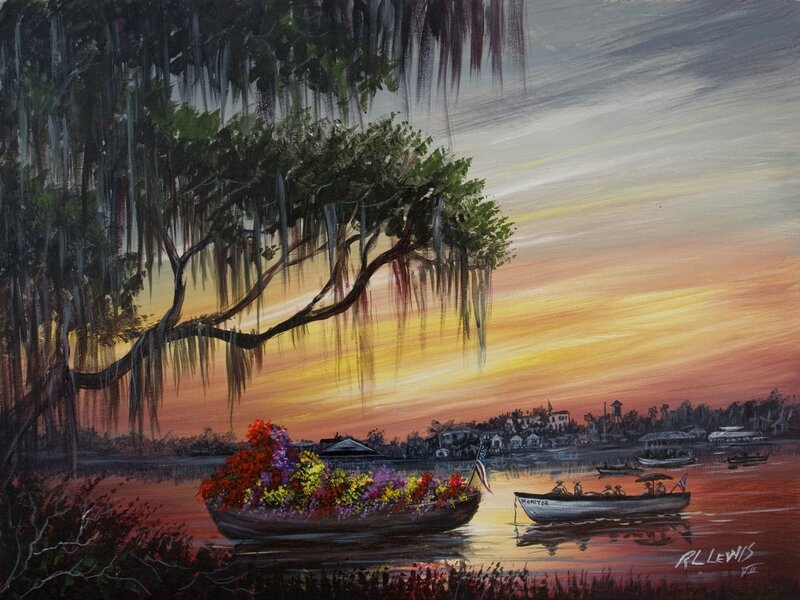 Sunset on the river with boats