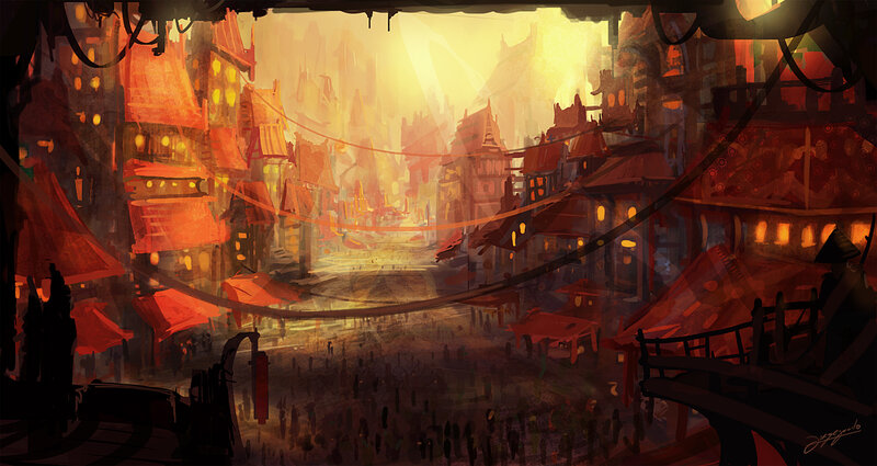 Sunset over a bustling city