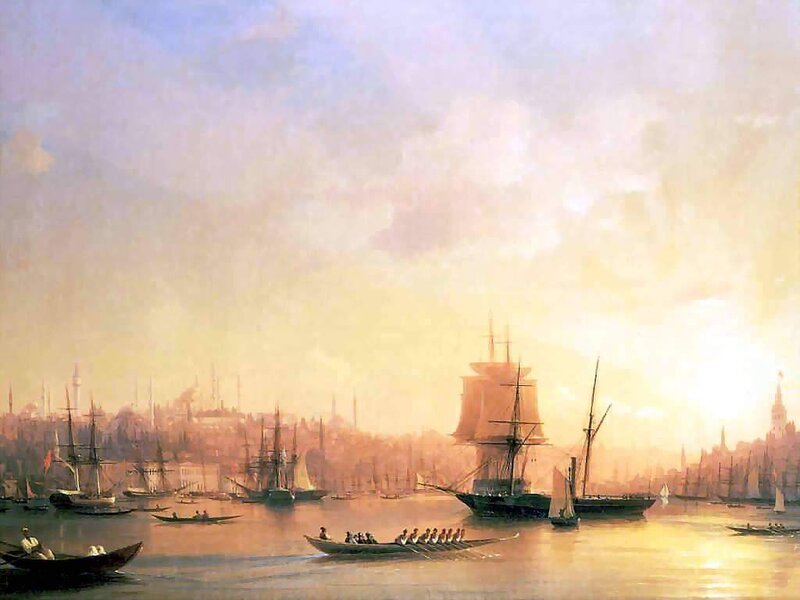 Sunset over a bustling harbor