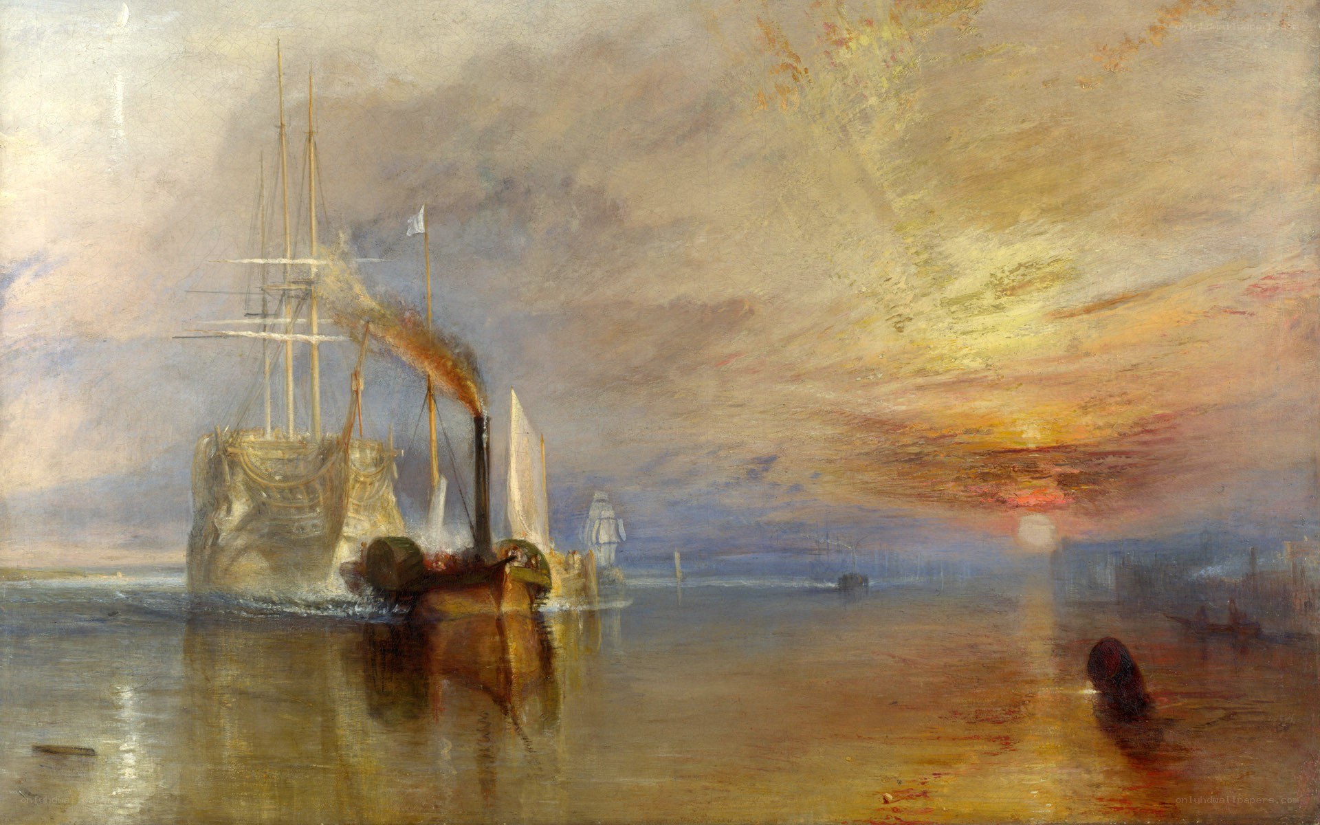 Sunset over a busy harbor