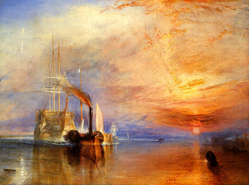 Sunset over a busy harbor