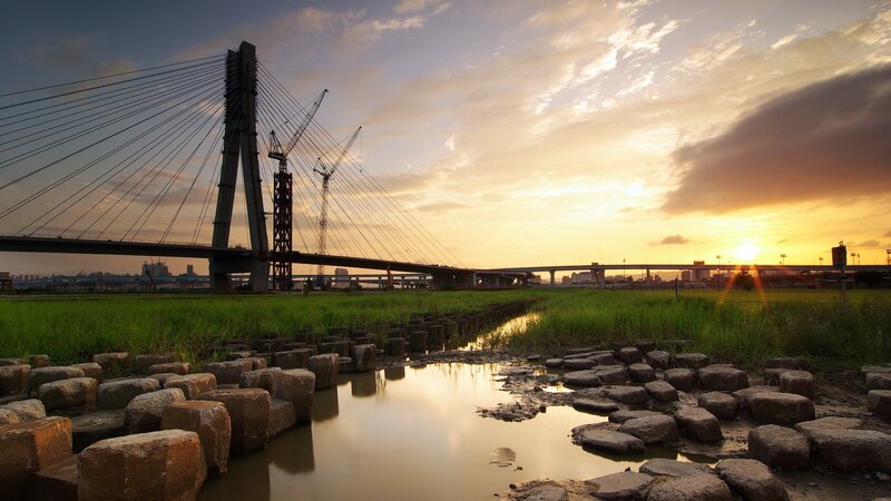 Sunset over a cable-stayed bridge