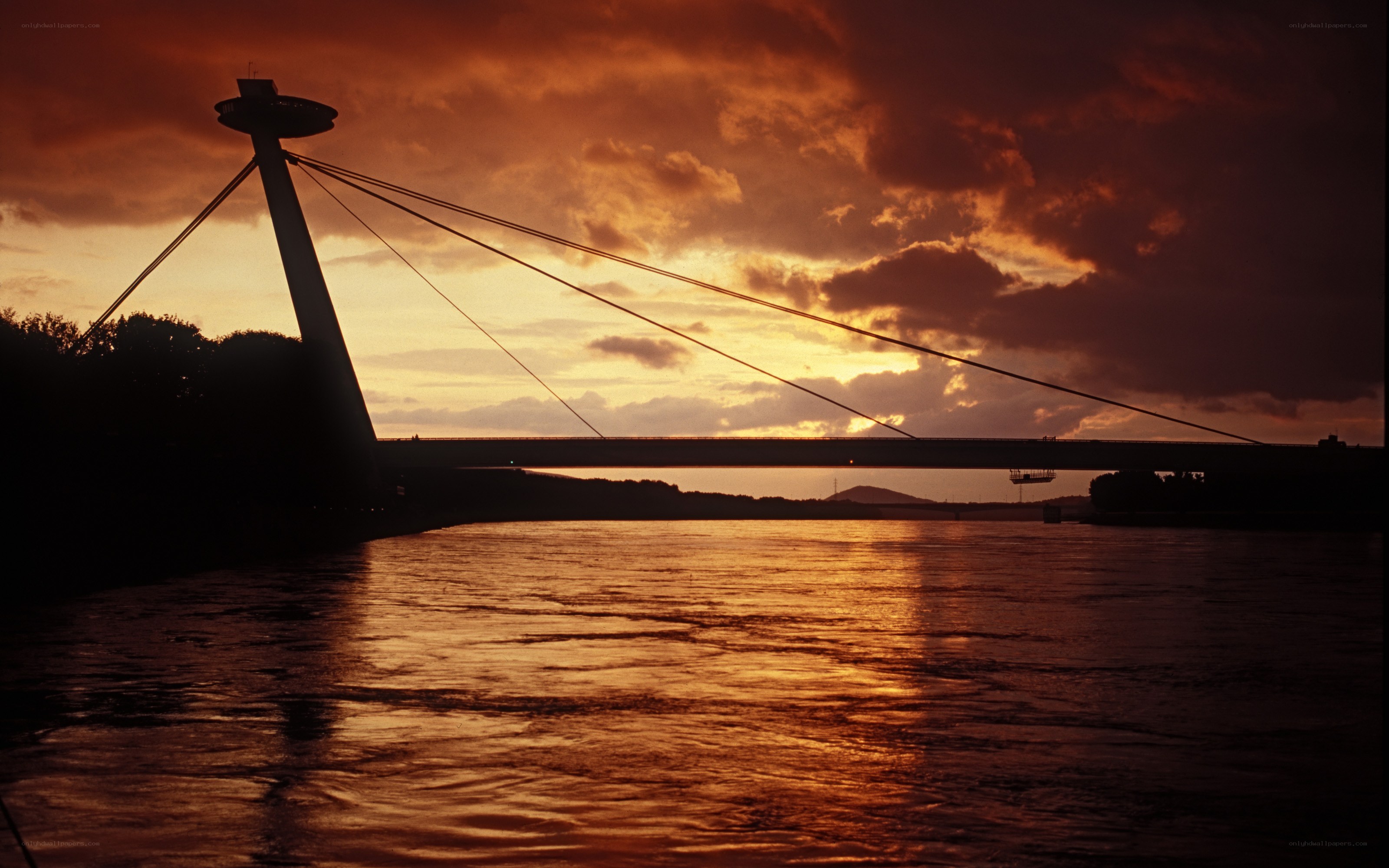 Sunset over a cable-stayed bridge