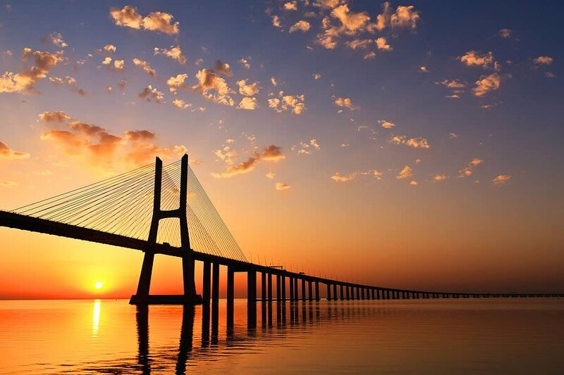 Sunset over a cable-stayed bridge