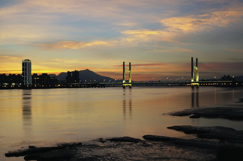 Sunset over a cable-stayed bridge
