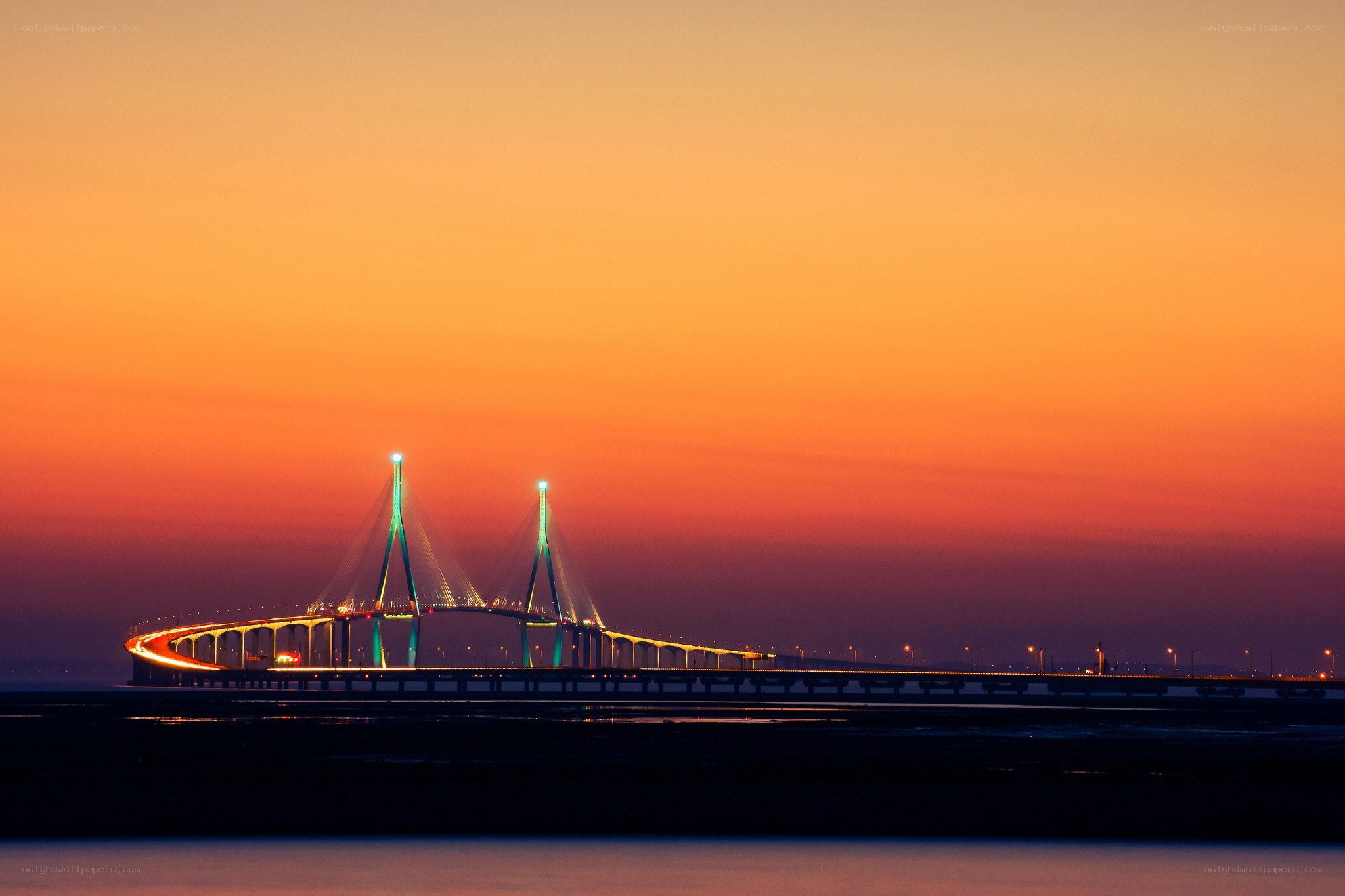 Sunset over a cable-stayed bridge