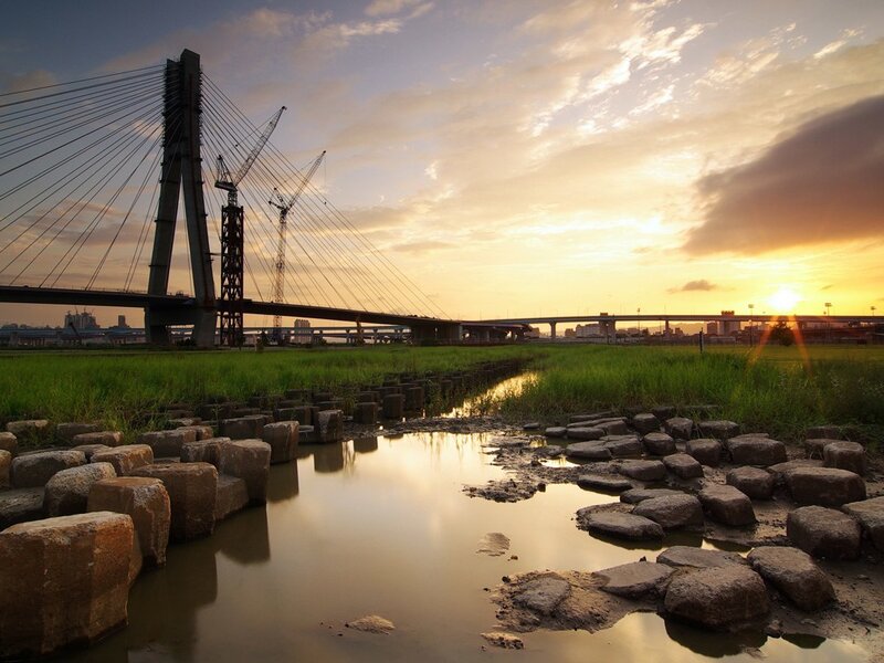 Sunset over a cable-stayed bridge