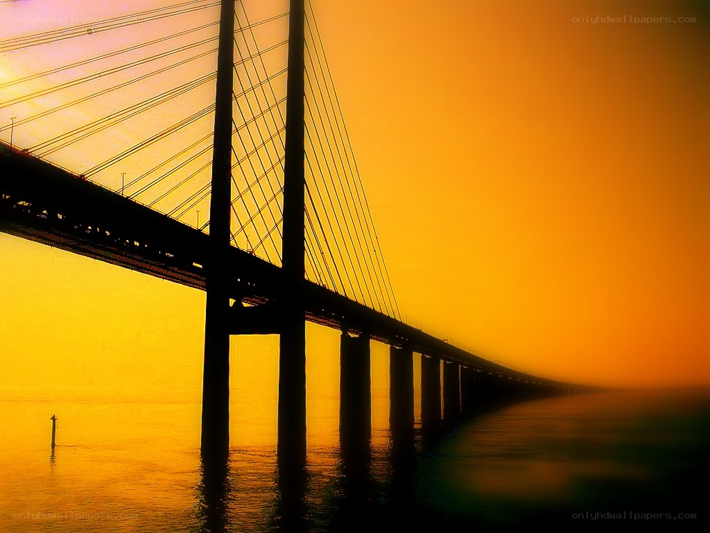 Sunset over a cable-stayed bridge