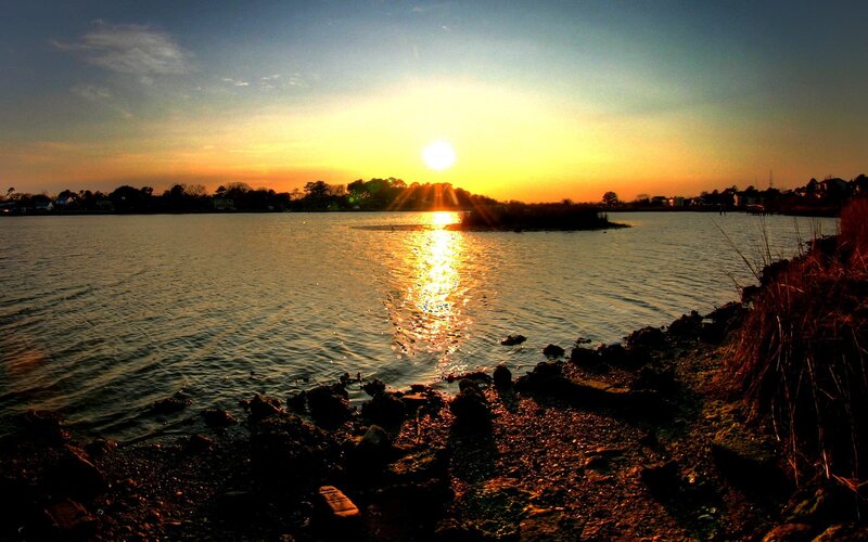 sunset over a calm bay