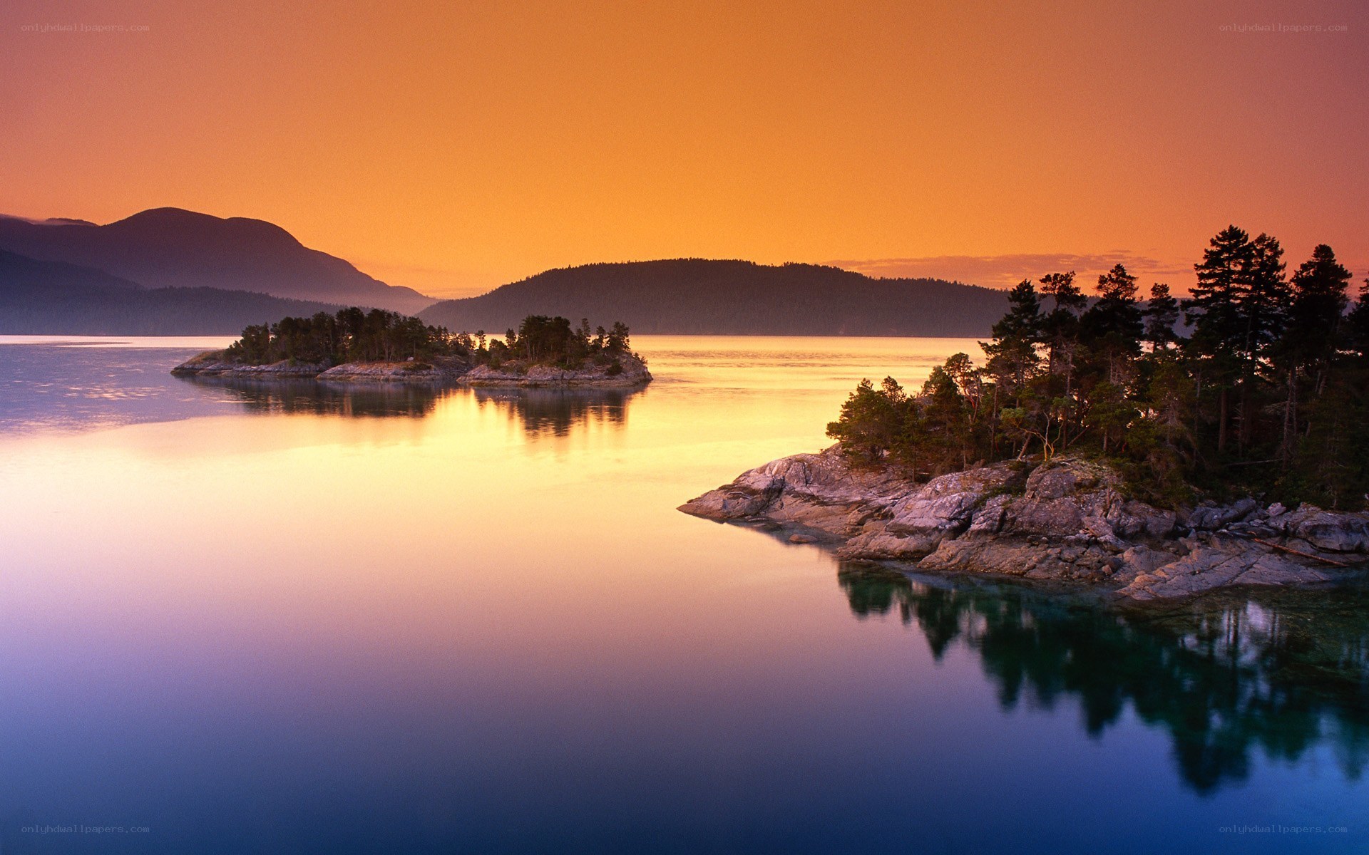 Sunset over a calm bay