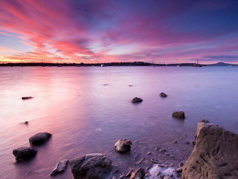 Sunset over a calm bay