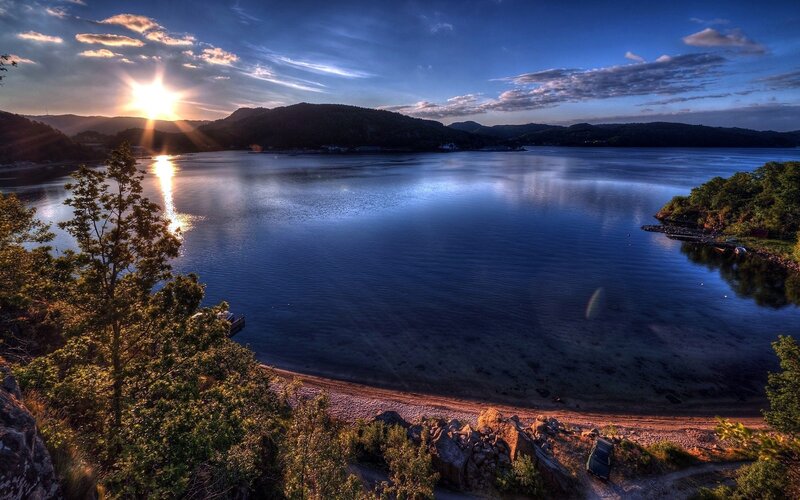 Sunset over a calm fjord