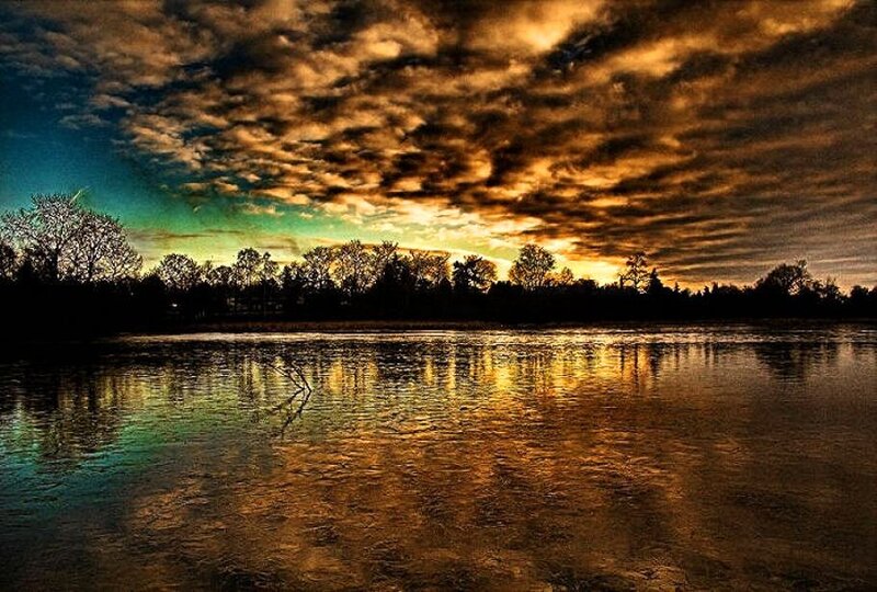 Sunset over a calm lake