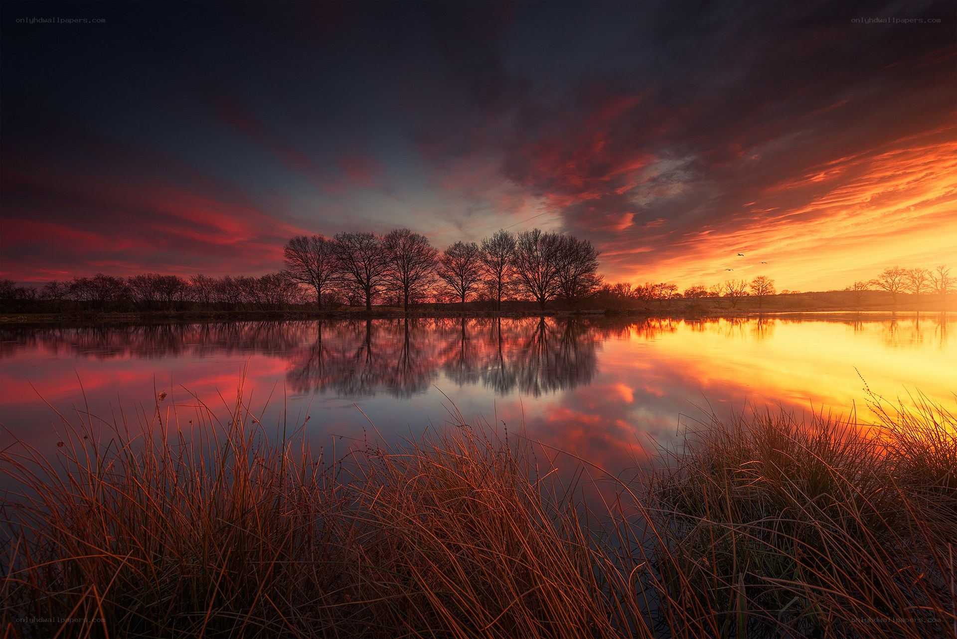 Sunset over a calm lake