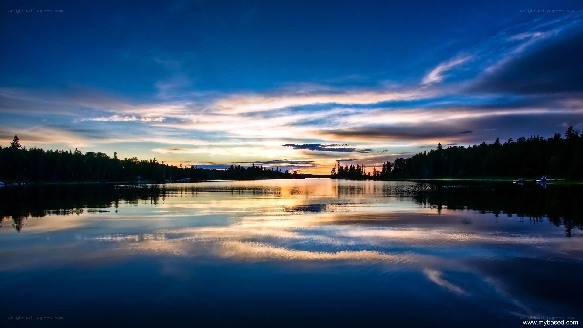 Sunset over a calm lake