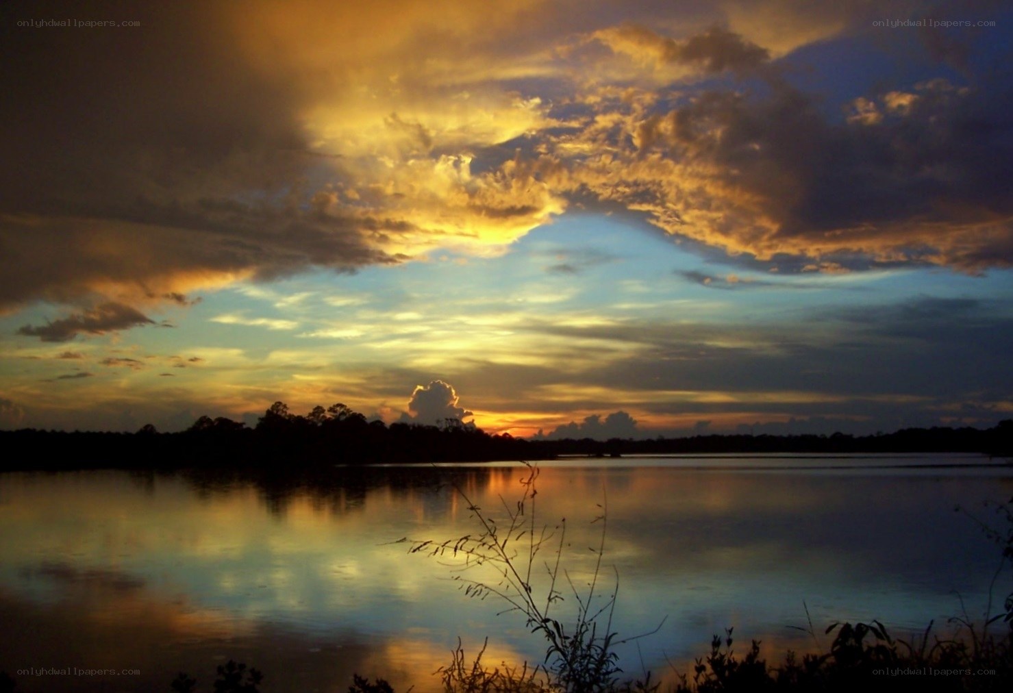 Sunset over a calm lake